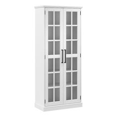 a tall white cabinet with glass doors on the front and bottom shelves, against a white background