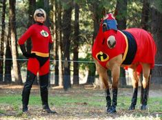 two people in red and black costumes standing next to a brown horse wearing a costume