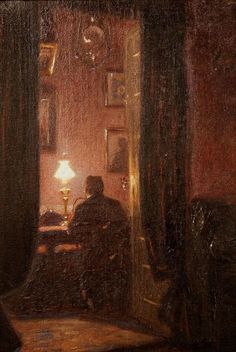 a painting of a man sitting at a desk in front of a mirror with a lamp on it