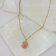 18K gold stainless steel set with pink crystal. Pink And Gold Necklace, Fuchsia Necklace, Pink Crystal Necklace, Lavender Necklace, Spiritual Necklace, Gemstone Earrings Gold, Enamel Necklaces, Gold Filled Earrings, Dainty Bracelets