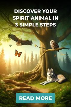 Forest scene with an owl, eagle, butterfly, and wolf under a large tree, promoting a guide to discovering your spirit animal. Crystals For Travel, Power Of Meditation