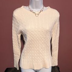 Cream Cable Knit Sweater Size Medium Cream Shein 53% Acrylic 32% Polyester 15% Nylon New Never Worn! Elegant Cable Knit Stretch Sweater, Elegant Stretch Cable Knit Sweater, Classic White Knit Top For Winter, Classic White Knit Top For Fall, Classic White Long Sleeve Knit Top, White Fitted Cable Knit Sweater, Stretch Cream Knit Top, Cream Cable Knit Sweater For Spring, Cream Knitted Stretch Sweater