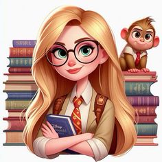 a cartoon girl with glasses is standing next to a monkey on top of some books