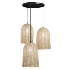 three lights hanging from a ceiling fixture with wicker shades on the bottom and sides