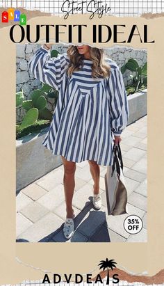 Red Stripe Long Sleeve Loose Mini Dress Linen Style Fashion, Dress And Sneakers Outfit, Elegantes Outfit Damen, Loose Mini Dress, Stripe Long Sleeve, Elegantes Outfit, Dresses By Length, Maxi Dresses Casual, Red Stripe