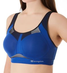 Get more control from all sides with the specially designed cups that are crafted to give unique support to upper, side and underside of breasts, and provide more ventilation. Made of polyester, nylon and spandex. Contour/t-shirt cup with hidden underwire has multiple lightly padded zones and channels on interior padding to help keep motion in check and allow for better airflow. Scoop neckline has mesh panel above cups and a covered elastic edge to sustain fit. Wide sewn-on elastic band along bo Supportive Blue Sports Bra With Built-in Padding, Blue Nylon Sports Bra With Built-in Padding, Blue Sports Bra With Medium Bust Support, Full Coverage Sports Bra With Padded Cups, Supportive Sports Bra With Padded Cups, Supportive Sports Bra With Built-in Cups, Blue Functional Sports Bra With Light Support, Blue Sports Bra With Medium Support For Workout, Supportive Blue Sports Bra For Training