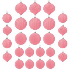 pink ornaments are arranged in rows on a white background