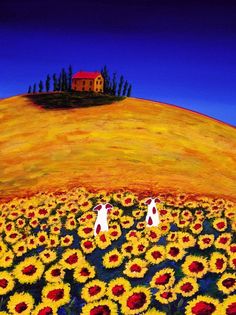 two white dogs are standing in the middle of a sunflower field with a house on top