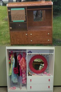 an old dresser has been transformed into a dollhouse with drawers and shelves for clothes