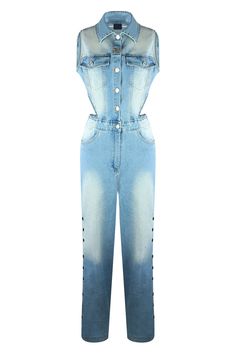 Sleeveless denim jumpsuit featuring side snap button details and cut out detail on the waist Wide leg fit Front button closure with zipper Bra friendly Runs true to size Sleeveless Denim Jumpsuits And Rompers With Button Closure, Trendy Sleeveless Denim Jumpsuit With Button Closure, Sleeveless Denim Jumpsuit With Buttons, Side Snap, Denim Jumpsuit, Wide Leg Denim, Snap Button, Cut Out, Wide Leg