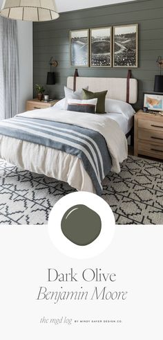 a bedroom with gray walls and white bedding in the center is an image of dark olive