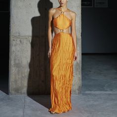 High Neck Maxi Dress. Orange Evening Maxi Dress, Elegant Orange Silk Dress, Chic Orange Evening Dress, Chic Summer Silk Dress For Gala, Chic Orange Silk Dress, Elegant Orange Dresses For Gala, Orange Maxi Length Cocktail Dress, Luxury Silk Summer Party Dress, Orange Maxi Dress For Gala