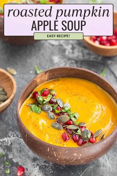 roasted pumpkin apple soup in a wooden bowl