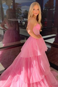 Prom Dress With Lace, Elegant Prom Dress, Tiered Prom Dress, Sparkle Wedding Dress, Lace Corset Top, Elegant Prom, Stunning Prom Dresses, Pink Corset