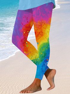 Casual Stretch Yoga Pants For Beach, Multicolor Stretch Pants For Vacation, Stretch Multicolor Pants For Vacation, Stretch Leggings For Beach In Summer, Casual Stretch Leggings For Beach, Summer Rainbow Stretch Bottoms, Spring Multicolor Non-stretch Leggings, Non-stretch Multicolor Leggings For Spring, Fitted Multicolor Beach Pants