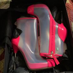 Not For The Faint Of Hearted.. Pink Clear Boots. Party Boots With Reinforced Open Heel, Party Boots With Red Sole And Square Toe, Clear Boots, Shoes Heels Boots, Christian Louboutin Pumps, Rain Boots, Shoes Women Heels, Heeled Boots, Christian Louboutin