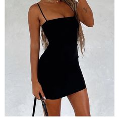 New With Tags Black Spaghetti Strap Mini Dress For Club, Black Mini Spring Dress, Black Mini Bodycon Dress For Going Out, Black Spaghetti Strap Dress For Club, Black Spaghetti Strap Bodycon Dress For Spring, Black Mini Casual Dress, Black Mini Dresses For Going Out, Black Spaghetti Strap Dress For Going Out, Black Mini Bodycon Dress