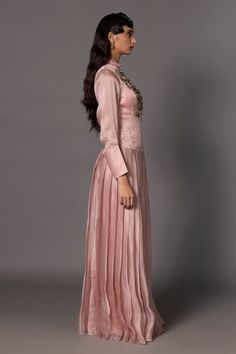 Pink victorian style gown featuring embroidered metallic charms, beads and stonework on bodice, mukaish work on waistline. - Aza Fashions Formal Hand Embellished Floor-length Anarkali Set, Elegant Hand Embellished Floor-length Embroidered Dress, Elegant Floor-length Hand Embellished Embroidered Dress, Elegant Floor-length Gown With Resham Embroidery, Hand-embellished Floor-length Wedding Dress, Hand Embellished Floor-length Embroidered Wedding Dress, Elegant Hand Embellished Floor-length Anarkali Set, Elegant Floor-length Hand Embellished Anarkali Set, Elegant Embroidered Gown With Traditional Drape