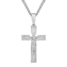 He'll cherish this stainless steel crucifix pendant engraved with The Lord's Prayer. Metal: Stainless steelClosure: Lobster claspDimensions: 24" long curb chain Jewelry photos are enlarged to show detail. Stainless Steel Crucifix Cross Necklace As Gift, Engraved Silver Stainless Steel Cross Necklace, Engraved Stainless Steel Cross Necklaces, Engraved Stainless Steel Cross Jewelry, White Gold Stainless Steel Crucifix Necklaces, Nickel-free Stainless Steel Crucifix Necklaces, White Gold Stainless Steel Crucifix Necklace, Engraved Stainless Steel Cross Pendant Necklace, Engraved Stainless Steel Cross Necklace