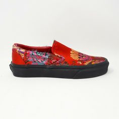 Red Vans Sneakers For Spring, Red Vans Slip-on Sneakers, Red Slip-on Sneakers For Spring, Red Cushioned Sneakers For Spring, Red Flat Sneakers For Summer, Red Summer Sneakers, Spring Slip-on Sneakers With Red Sole, Floral Shoes Sneakers, Vans Classic Slip