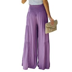 Purple Layered Pleated High Rise Wide Leg Pants Purple Solid Color Bottoms For Spring, Spring Purple Solid Bottoms, Spring Purple Solid Color Bottoms, Casual Purple Wide Leg Pants For Summer, Purple High-waisted Pants For Summer, Casual Purple Ankle-length Wide Leg Pants, Casual Purple Ankle-length Pants, Baggy High Waist Purple Bottoms, High Waist Solid Purple Bottoms