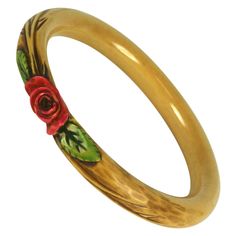 French Art deco carved bakelite rose bangle bracelet. The tubular cream color bracelet all hand carved with a sienna brown stain and cold painted with pink unfurling rose and green stained leaves Excellent Condition. 1920's France. Width .50" Interior Diameter 2 5/8" 1950s Jewellery, 1950s Jewelry, Bakelite Jewelry, Bakelite Bangles, Color Bracelet, Mid Century Jewelry, Art Deco Stil, French Art Deco, Vintage Jewels