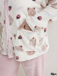 Bjux - Womens Plus Size Cozy Flannel Pajama Set with Strawberry & Cartoon Bear Print - Long Sleeve Button Up Top and Pants with Pockets - Perfect Home Wear Two Piece Set Cozy Sleepwear With Pockets For Pajama Party, White Sleepwear With Pockets For Sleepover, Winter Sleepwear With Pockets For Bedtime, White Buttoned Sleepwear For Sleepover, White Buttoned Sleepwear For Pajama Party, Flannel Pajama Sets, Cozy Pajamas, Cozy Flannel, Flannel Pajamas