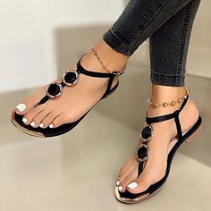 Category:Sandals; Upper Materials:Faux Leather; Season:Summer; Heel Type:Flat Heel; Gender:Women's; Toe Shape:Open Toe,Round Toe; Style:Casual; Heel Height(inch):1-2; Occasion:Beach,Daily; Closure Type:T-Strap; Pattern:Solid Colored; Production mode:Self-produce; 2022 Trends:Boho Bohemia Beach; Foot Length:; Foot Width:; Size chart date source:Provided by Supplier.; EU Size:50 Sandal Kulit, Bohemian Sandals, Leopard Print Sandals, Buckled Flats, Womens Sandals Summer, Beaded Sandals, Spike Heels, Styl Boho, Fashion Sandals