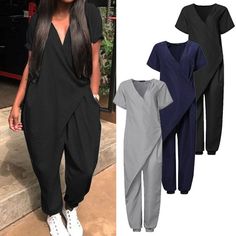 Solid Color Relaxed Fit Jumpsuit For Leisure, Cotton Solid Color Jumpsuits And Rompers For Loungewear, Cotton Loungewear Jumpsuits And Rompers In Solid Color, Relaxed Fit V-neck Jumpsuits And Rompers For Leisure, Casual Short Sleeve Jumpsuits And Rompers With Pockets, Cotton Jumpsuits With Side Pockets For Loungewear, Casual Jumpsuits And Rompers With Pockets, Casual Short Sleeve Jumpsuits And Rompers With Relaxed Fit, Casual Jumpsuits And Rompers With Short Sleeve, Relaxed Fit