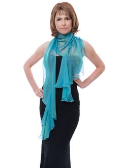 "This airy fluttering scarf, wrap in peacock (greenish-blue) color can jazz up your minimalist dress and give you beautiful feeling of feminine charm as well as give you enjoyable silken touch by covering your shoulders. Made with iridescent silk chiffon and goes from casual daytime to elegant evening wear. Use it as a shawl, wrap sash or as a head cover. DESIGN DESCRIPTION: Free-form, curved cut, fluttering edges. Signature curved cut of scarf top line creates beautiful soft drapes and keep sca Elegant Green Scarves For Spring, Elegant Green Scarves For Summer, Chic Silk Shawl For Party, Elegant Blue Shawl For Spring, Elegant Blue Shawl For Summer, Elegant Green Summer Scarves, Elegant Blue Summer Shawl, Elegant Summer Blue Shawl, Chic Summer Party Scarf