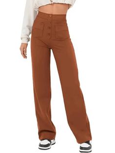 The802Gypsy bottom/pants Caramel brown / S GYPSY GIRL-Casual High Waist Button Straight Leg Pants Casual Straight Leg Pants, Pants High Waisted, Work Trousers, Business Work, Blue Khakis, Weave Style, Type Of Pants, Cargo Jeans, Striped Fabrics