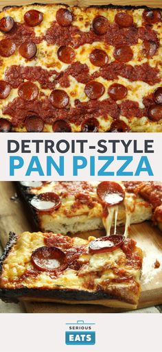 the cover of detroit style pan pizza with pepperoni and cheese toppings on it