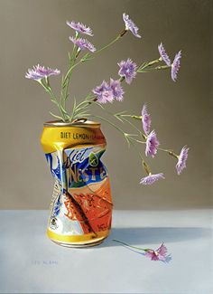 a painting of purple flowers in a can