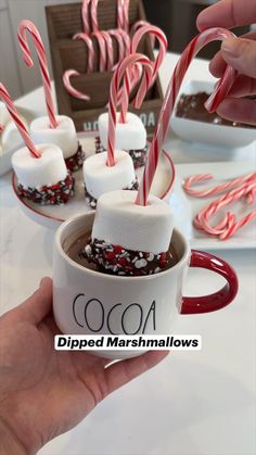 a woman holding a cake with marshmallows and candy canes on it