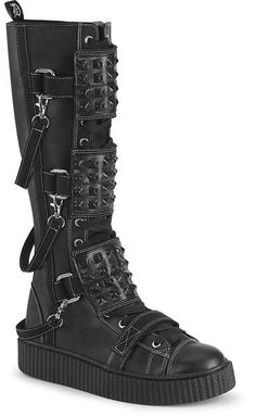 Demonia Boots Men, Demonia Mens Boots, Gothic Accessories Men, Mens Goth Boots, Emo Leather Boots For Streetwear, Emo Leather Moto Boots For Streetwear, Emo Leather Boots With Rivets, High-top Spiked Moto Boots For Concerts, High-top Moto Boots With Spikes For Concerts