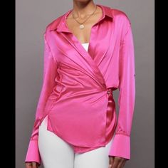 Ser.O.Ya Raines Silk Shirt Fuchia/Hot Pink Size Xs - Nwt Silk Collared Shirt With Plunging Neckline And Asymmetrical Button Detail At Waist. Slightly Distressed Raw-Edge Trim Detail Throughout. 95% Silk 5% Spandex Dry Clean Only Msrp $395.00 Please Let Me Know If You Need Any Measurements Before Purchase. Elegant Pink Blouse For Date Night, Pink Shirt For Spring Night Out, Pink Shirt For Night Out In Spring, Chic V-neck Shirt For Night Out, Chic Pink V-neck Shirt, Fitted Shirt For Date Night, Chic Shirt For Date Night, Silk Collared Shirt, Silk Bra