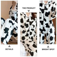 Drift into dreamland with our Cow Pattern Print Pajamas – a cozy and stylish sleepwear set that adds a touch of playful charm to your bedtime routine! These kawaii pajamas feature a chic cow pattern print in classic black and white hues, creating a bold and eye-catching look. The soft and breathable fabric ensures comfort as you unwind and relax. The pajama set includes a long-sleeve top with a stylish neckline and matching pants with an elastic waistband for a perfect fit. Whether you're settli Black Printed Sleepwear For Pajama Party, Trendy Black Sleepwear For Loungewear, Trendy Black Sleepwear For Lounging, Trendy White Sleepwear For Loungewear, Kawaii Cow, Kawaii Pajamas, Pastel Harajuku, Kawaii Games, Kawaii Bags