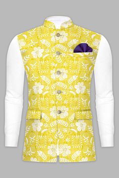 Elevate your festive attire with our exquisite Dandelion Yellow and Bright White Floral Sequin and Thread Embroidered Nehru Jacket. Perfect for weddings, engagements, or parties, this piece seamlessly blends sophistication with casual charm. Crafted to perfection, it's designed to pair effortlessly with a kurta jacket set, adding a touch of traditional elegance to any ensemble. Embrace timeless style and make a statement with this versatile Nehru jacket for men. In addition to being constructed Elegant Cotton Nehru Jacket For Spring, Fitted Nehru Jacket With Floral Embroidery, Fitted Nehru Jacket With Floral Embroidery And Stand Collar, Embroidered Cotton Nehru Jacket For Formal Occasions, Formal Embroidered Cotton Nehru Jacket, Elegant Cotton Nehru Jacket For Wedding, Yellow Long Sleeve Nehru Jacket For Festivals, Elegant Cotton Nehru Jacket For Festive Occasions, Spring Bollywood Nehru Jacket With Intricate Embroidery