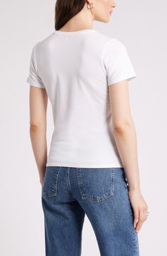 A staple shirt is worn often by design, which is exactly why you want one made from a stretchy mix of premium pima cotton and sustainable Tencel® modal. 35" length (size Medium)   Crewneck   Short sleeves   47% pima cotton, 47% Tencel® modal, 6% spandex   Tencel modal is a sustainably produced fiber made with closed-loop processing and is certified with the EU Ecolabel as having a low environmental impact throughout the entire lifecycle   Machine wash, dry flat   Made in Peru Relaxed Fit Crew Neck Elastane Top, Relaxed Fit Elastane Crew Neck Tops, Casual Short Sleeve Crew Neck Top In Elastane, Short Sleeve Elastane Top For Everyday, Everyday Short Sleeve Elastane Top, Classic White Elastane Top, Everyday Short Sleeve Top, Casual Fitted Elastane T-shirt, Nordstrom Short Sleeve Tops For Summer