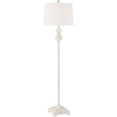 a white floor lamp with a white shade on the base and a square light fixture