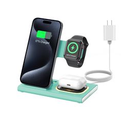 an apple watch and charger are shown with the charging station attached to its phone