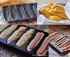 corn on the cob, hotdogs and corn on the cob in pans