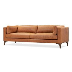 a tan leather couch with wooden legs and arms on an isolated white background, the back is