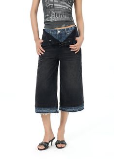 Versatile Double Waist Denim Capris - Embrace style and comfort with our unisex, 100% denim cotton capris. Designed with a unique double waist structure, contrast hems, ripped detailing, and IN TERRIS embroidery and leather patch. Perfect for any occasion. Available in Small, Medium, and Large sizes. Check our detailed size chart for precise measurements: SIZE (CM) LENGTH WAIST BUTT SMALL 80 74 92 MEDIUM 82 82 100 LARGE 83 86 104 Dark Wash Cotton Cropped Cutoff Jeans, Dark Wash Cotton Cutoff Cropped Jeans, Dark Wash Recycled Denim Cropped Jeans, Recycled Denim Blue Cropped Jeans, Denim Blue Recycled Cropped Jeans, Casual Black Recycled Denim Bottoms, Cotton Cropped Jeans In Dark Wash, Dark Wash Denim Cropped Capris, Angel Dress