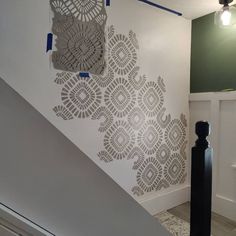 the stairs are decorated with decorative wallpaper