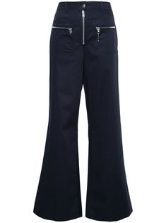 navy blue cotton gabardine weave belt loops two zip-fastening pockets branded zip puller two rear patch pockets flared hem button fly fastening Gucci Outfits, Zip Puller, Versace Outfit, Flared Trousers, Yoko London, City Dress, Bell Bottom Pants, Flare Trousers, Summer Beach Wear