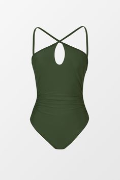 Dive into confidence with our Green Cutout Ruched Tummy Control One-Piece. Designed to flatter your figure with its strategic cutouts and ruched detailing, this swimsuit offers both style and support. Product code: DAA12E4E009RR Features:  Crisscross halter neckline Removable cups Medium bust support Adjustable cami straps Front cutout Back tie Tummy control Cheeky high-leg cut Modern bum Wash Method: Regular Wash Lining: 92%POLYESTER,8%SPANDEX Material: 82%NYLON,18%SPANDEX. Ruched Backless Bodysuit For Pool, Backless Ruched Bodysuit For Pool, Solid One-piece Swimwear With Ruched Back, Ruched One-piece Swimming Bodysuit, Ruched Bodysuit For Swimming Beachwear, One-piece Ruched Bodysuit For Swimming, Sleeveless Ruched Bodysuit For Pool, Ruched Backless Tankini For Pool, Backless Ruched Tankini For Pool