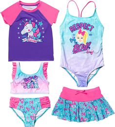 Girls' 5-piece swimsuit set features JoJo Siwa. 1-piece swimsuit has a gradient color pattern with a subtle allover bow print and wording "Respect the Bow". Rash guard has a unicorn graphic on front with contrasting raglan sleeves and neckline. Tankini top has a gradient color pattern with wording "You're a Star" and contrasting ruffles on the straps. Bikini bottoms have a coordinating allover print of bows and music notes with contrasting ruched sides. Swim skirt has an allover print of bows an Unicorn Graphic, Swimsuit With Shorts, 1 Piece Swimsuit, One Piece Bathing Suit, Swim Shirts, Jojo Siwa, Swimsuit Set, 4 Way Stretch Fabric, Swimwear Fashion