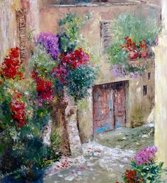 an oil painting of flowers in front of a building with a red door and window