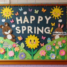 a bulletin board that says happy spring with some animals and flowers on the front wall